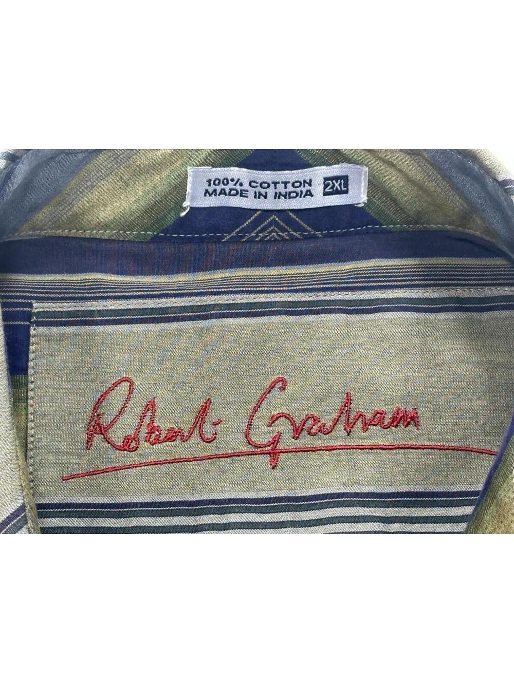 Robert Graham Cotton Blue Striped Button Up Green Mens 2XL - Picture 6 of 7